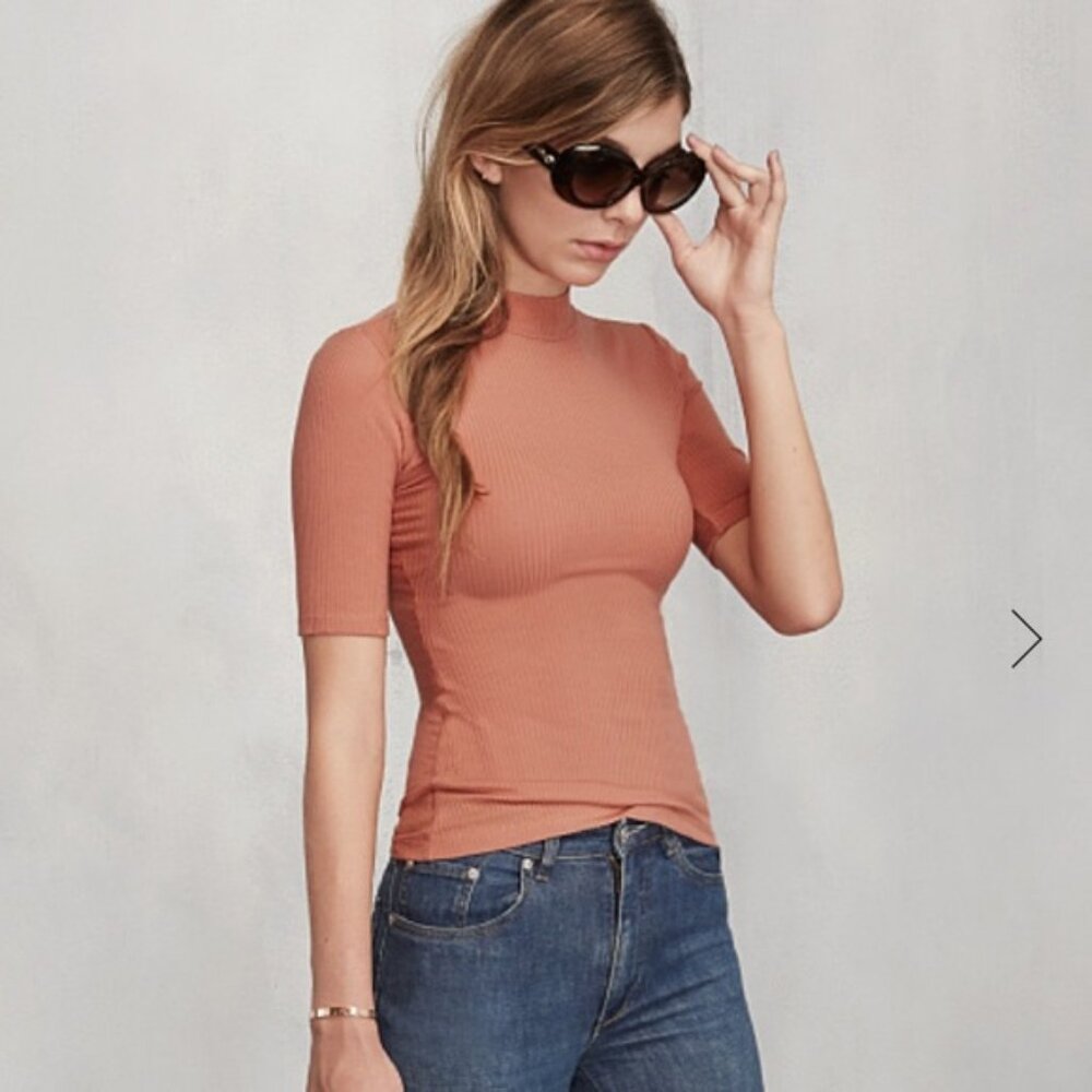 Reformation Beechmont Ribbed Knit Half Sleeve Mock Neck Top Salmon Orange Small